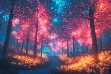 Fototapeta premium AI-Generated Ethereal Forest with Neon Trees