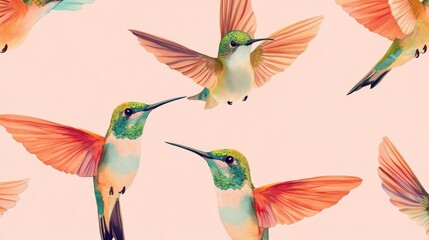 Obraz premium Colorful hummingbirds in flight on a soft pink background.