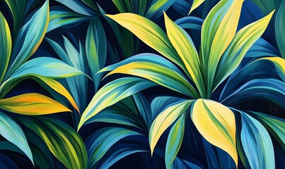 Vibrant tropical foliage painting with yellow, green, and blue leaves.