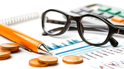 Financial planning tools with glasses, pen, coins, and calculator