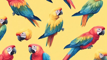 Obraz premium Colorful macaw parrots seamless pattern on yellow background. (1)