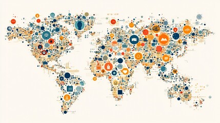 Obraz premium Global interconnectedness visualized via a world map composed of diverse icons.
