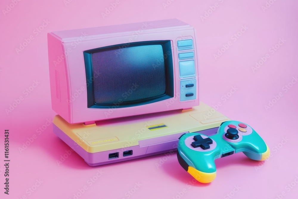 Fototapete Retro gaming console with colorful design on pink background showing nostalgia and playful vibes. Generative AI