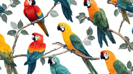 Colorful macaws perched on branches, seamless pattern. (1)