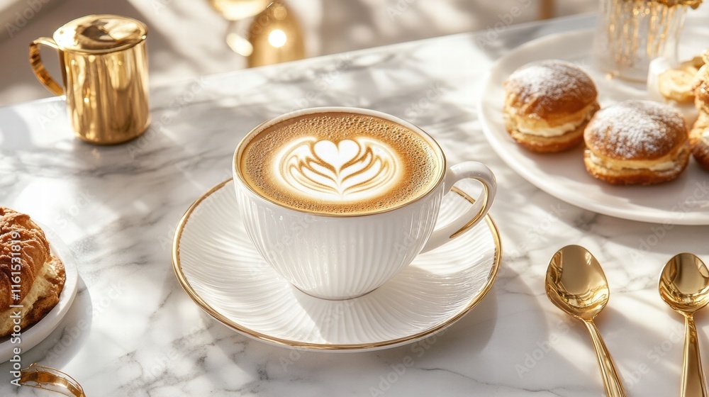 Poster premium coffee with intricate latte art served on a marble table with pastries in a bright cafe sett