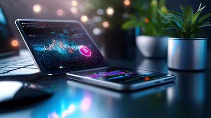 Digital wallet app displaying cryptocurrency data on devices, showcasing modern finance trends and technology