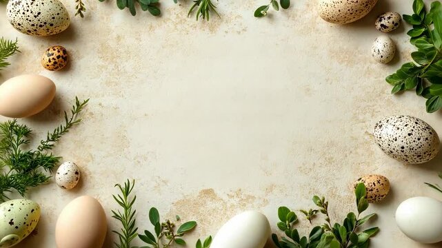 Rustic easter egg arrangement with greenery, feathered eggs, and fresh plants celebrating nature's renewal and the joy of easter