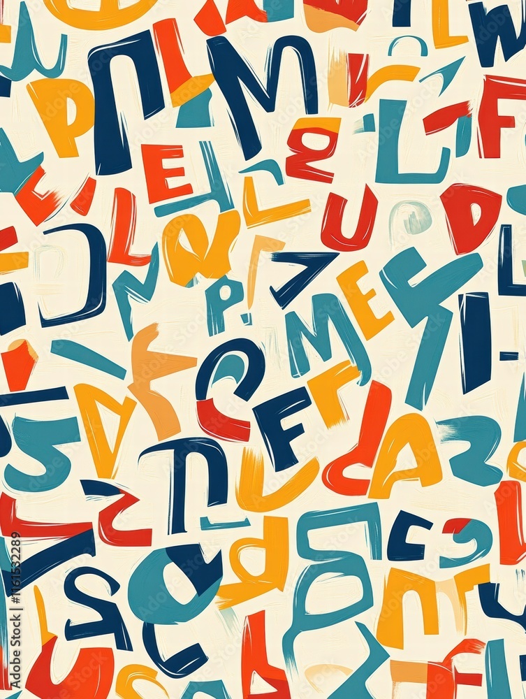 Poster Colorful and playful pattern featuring stylized alphabet letters in various shapes and sizes. Generative AI