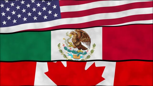 North American Free Trade Agreement flags animation 4k waving backdrop. Business and trade between North American countries USA, Mexico, and Canada, NFTA background.