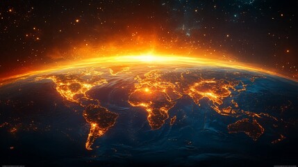 Earth at sunrise, city lights glowing.