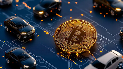 glowing cryptocurrency token surrounded by cars on digital circuit