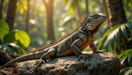 Obraz premium Monitor lizard basking on sunlit rock, vivid tropical background