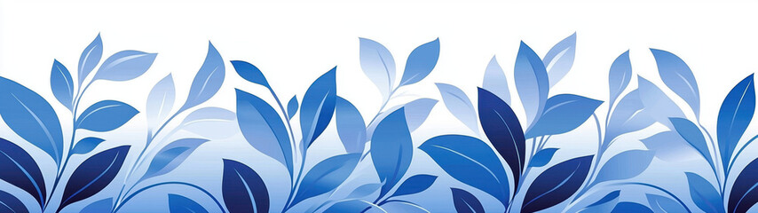 Blue leaves in a minimalistic vector style arranged horizontally on a white background