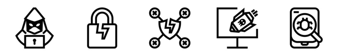Fototapeta premium Hacker icon set. Cybersecurity, damaged, warning, virus
