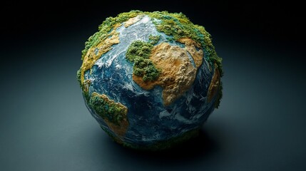 Fototapeta premium Lush green vegetation covering a 3D Earth model against a dark background.