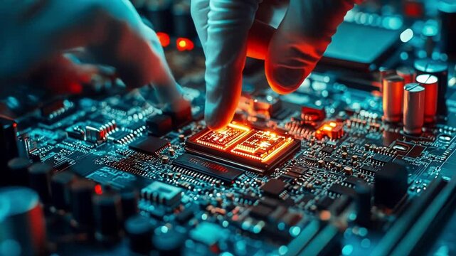 An electronics assembly workshop with technicians wearing ecofriendly uniforms working on energyefficient devices under bright LED lights.