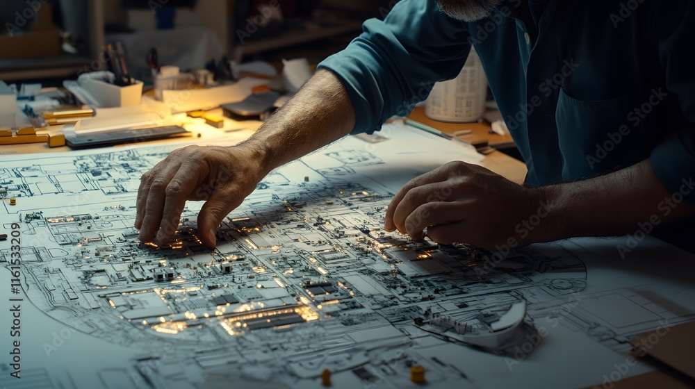 Poster a man meticulously assembles a complex circuit board, illuminated components highlighting intricate 