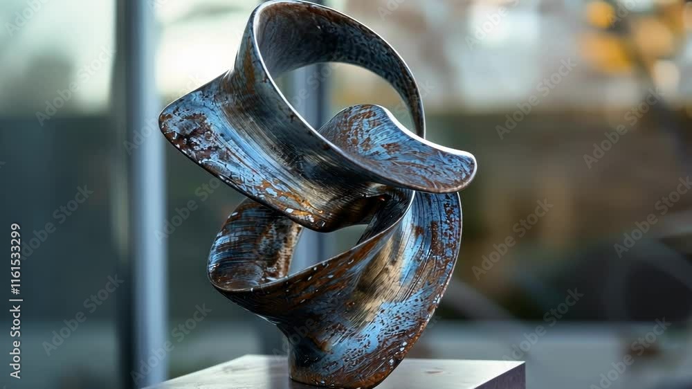 Poster an abstract sculpture made of twisted metal representing the warped and distorted nature of reality 