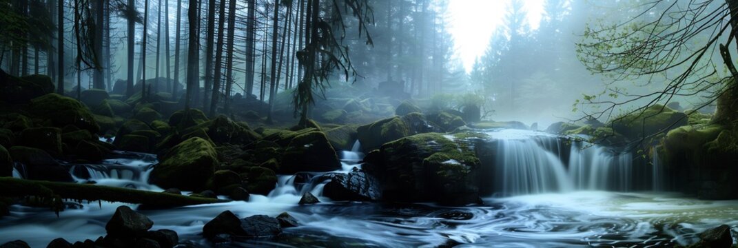 Mystical scene of a temple dedicated to Lord Shiva with a river of milk flowing from the temple into the surrounding forest
