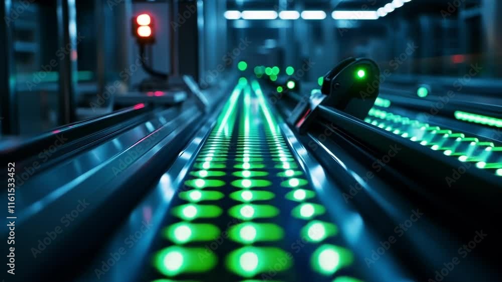 Poster a closeup shot of a conveyor belt system where sensors are meticulously scanning products with vivid