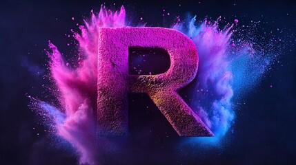Colorful powder explosion behind letter R.