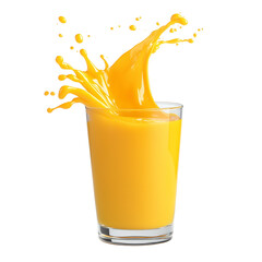 Bright mango juice splashing in glass  
