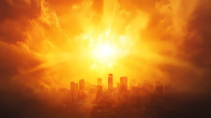 Bright glowing sun on sky with sunbeam at city. Solarian. Illustration