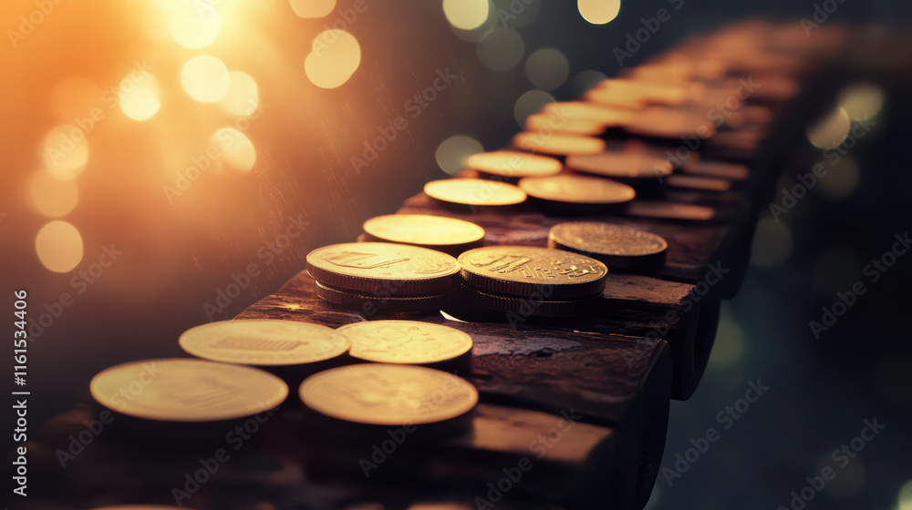 Poster conceptual image of bridge made of coins, symbolizing wealth and opportunity, illuminated by warm li