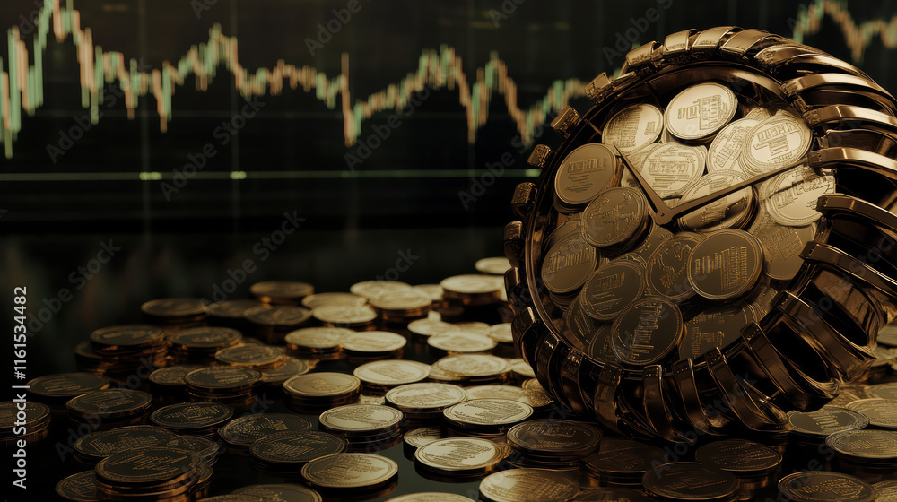 Poster conceptual image of clock made of coins, symbolizing time and trading. background features financial