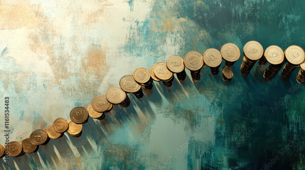 Poster conceptual image of bridge made of coins, symbolizing wealth and prosperity. coins are arranged in w