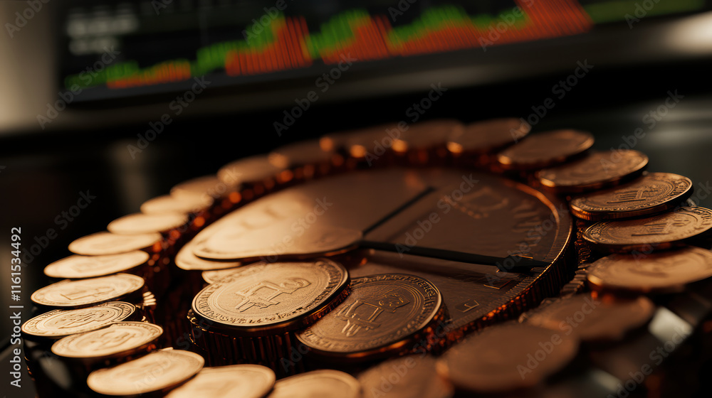 Poster conceptual image of clock made of coins, symbolizing time and trading. background features financial