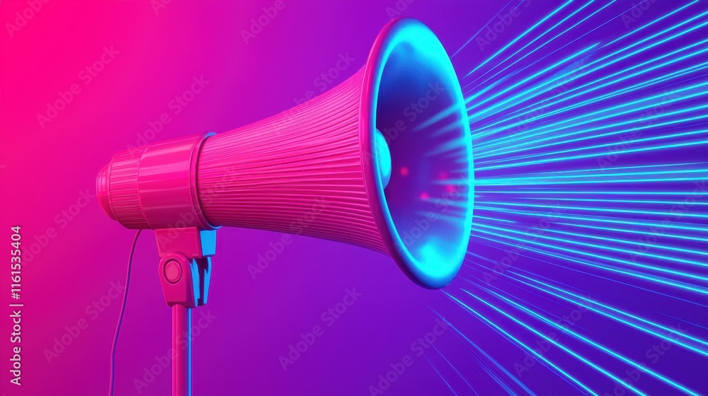 Poster a vibrant megaphone emits beams of light, creating a dynamic visual effect against a colorful backgr
