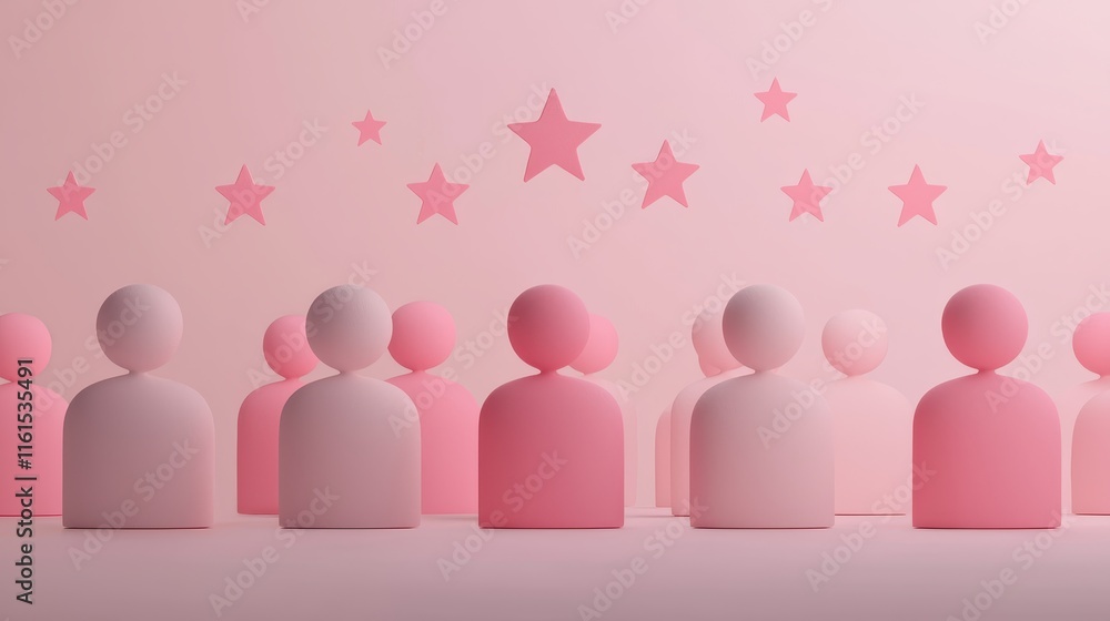 Aufkleber abstract figures in pink tones, arranged in a row with stars in the background, creating a whimsical