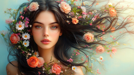 Elegant Woman with Roses and Daisies in Her Wavy Hair