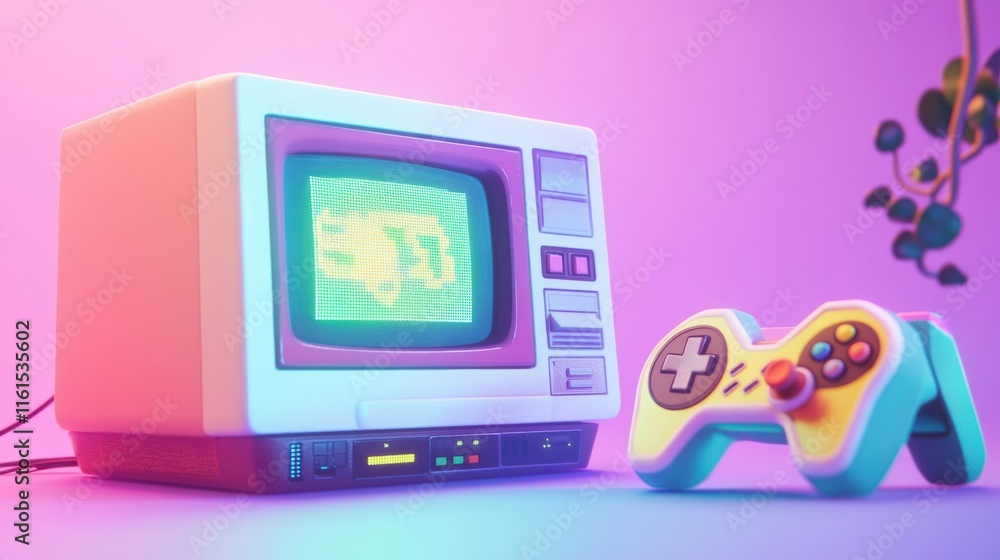 Aufkleber retro gaming console with colorful display and controller on a vibrant background. generative ai
