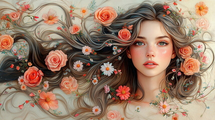 Elegant Woman with Roses and Daisies in Her Wavy Hair