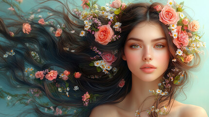 Elegant Woman with Roses and Daisies in Her Wavy Hair