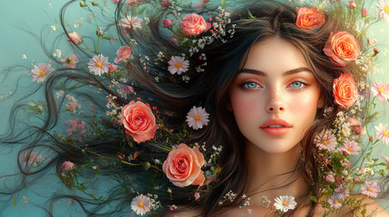 Elegant Woman with Roses and Daisies in Her Wavy Hair