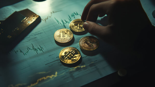 person reviewing financial report with cryptocurrency coins on table, analyzing market trends and investment opportunities. atmosphere is focused and analytical