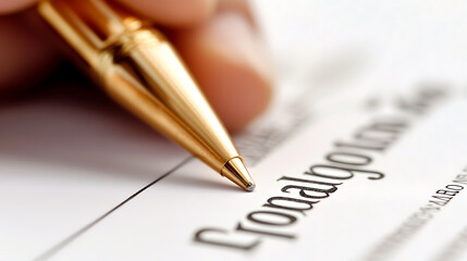 Fototapeta premium close up of hand holding gold pen, signing loan agreement document, conveying sense of commitment and financial responsibility