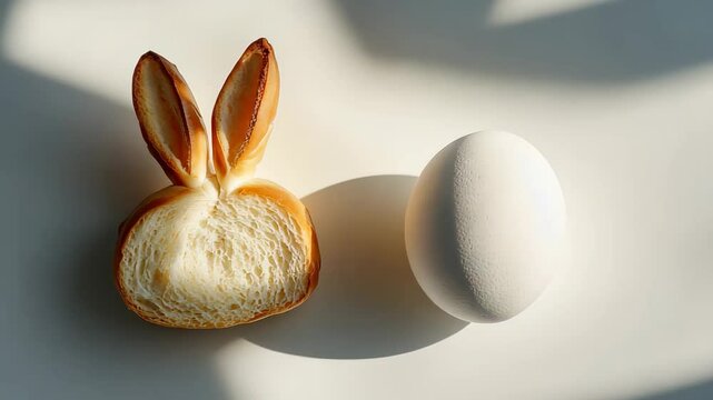 Minimalist easter still life with bread bunny ears and egg on white background celebrating simplicity and ecology concept