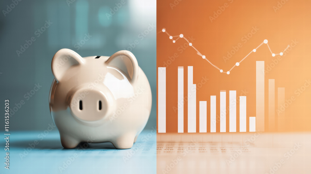 Poster split image showing piggy bank symbolizing savings on one side and financial graph representing grow