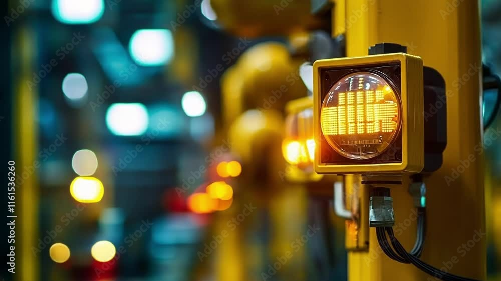 Poster a focused image of safety equipment adorned with smart sensors showing blinking lights and digital d