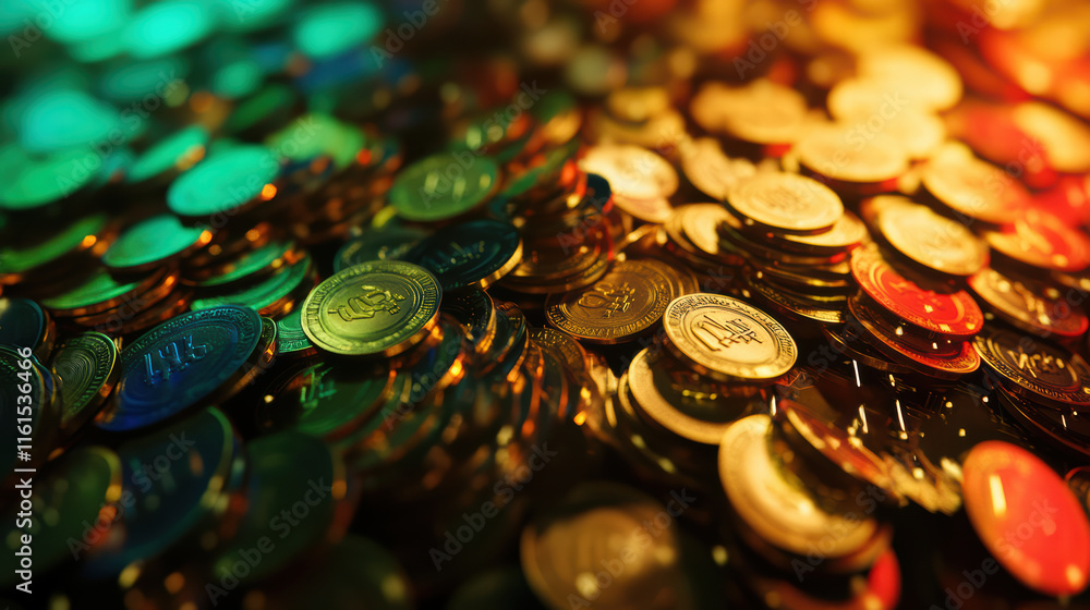 Poster vibrant image of coins cascading down, showcasing mix of colors and textures, creating dynamic and v