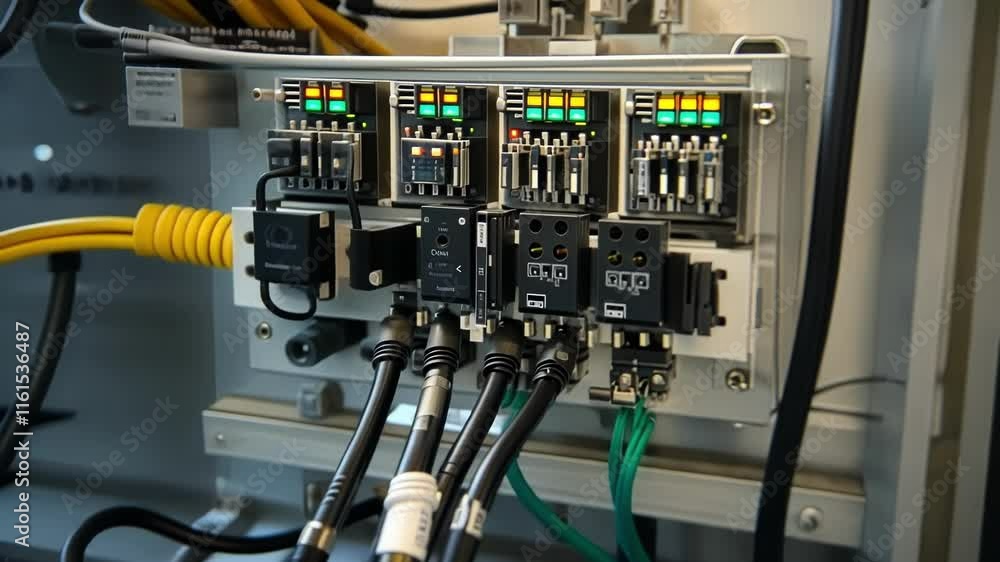 Poster a closeup of a data acquisition system with multiple cables and sensors connected to valves and gaug