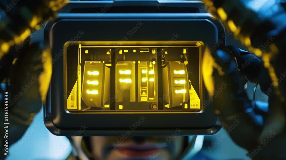 Poster a closeup of a workers hands operating a virtual reality headset immersed in a training module desig