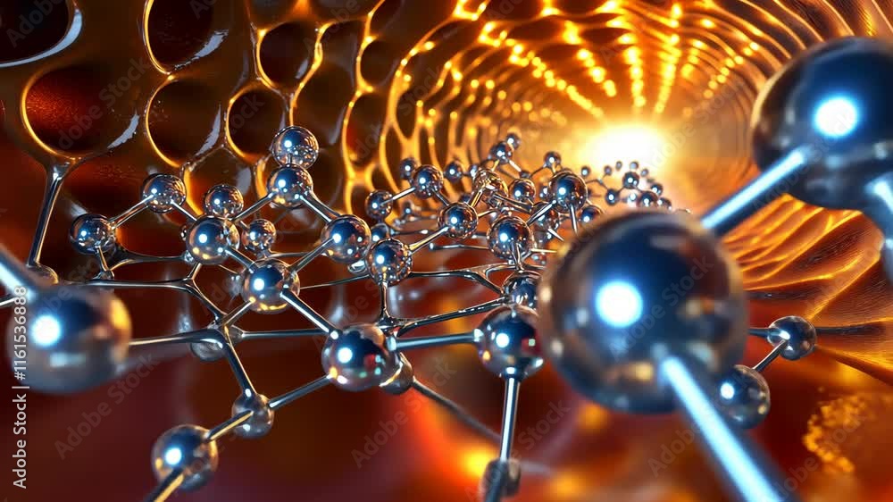 Poster exploring the intricate structure of molecular connections in a futuristic metallic tunnel