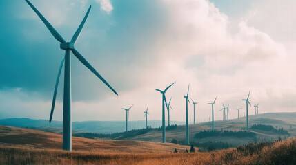 wind farm with multiple turbines set against cloudy sky, showcasing renewable energy in scenic landscape. rolling hills enhance natural beauty of area
