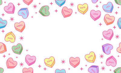 Frame with sweet heart candy. Sweetheart candies background, conversation sweets for valentines day, valentine sugar food hearts. Heart shape message letter candy background