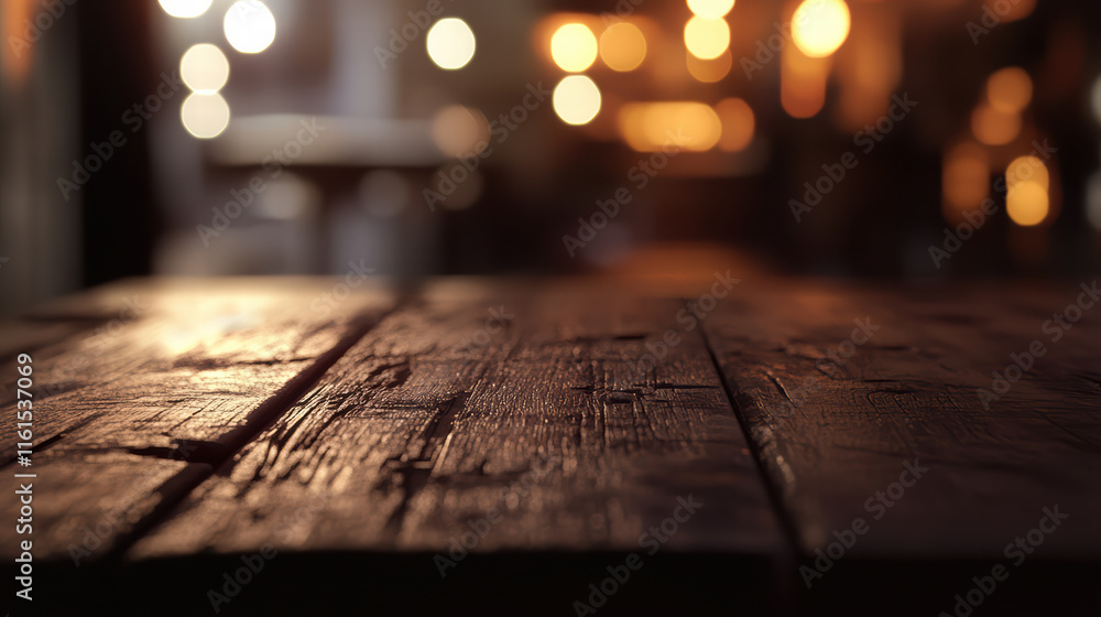Poster artistic wooden table top illuminated by gentle bokeh lights creates warm and inviting atmosphere. t